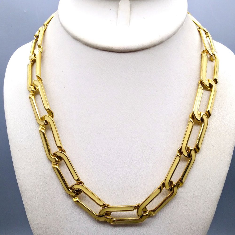 Beige Enamel Link Chain Necklace, Coordinating Vintage Gold Tone Elongated Links